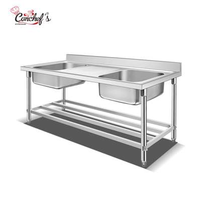 Stainless Steel Working Table With Double Sink Bowl & Bottom Shelf,Commercial Kitchen Dish Washing Sink With Table